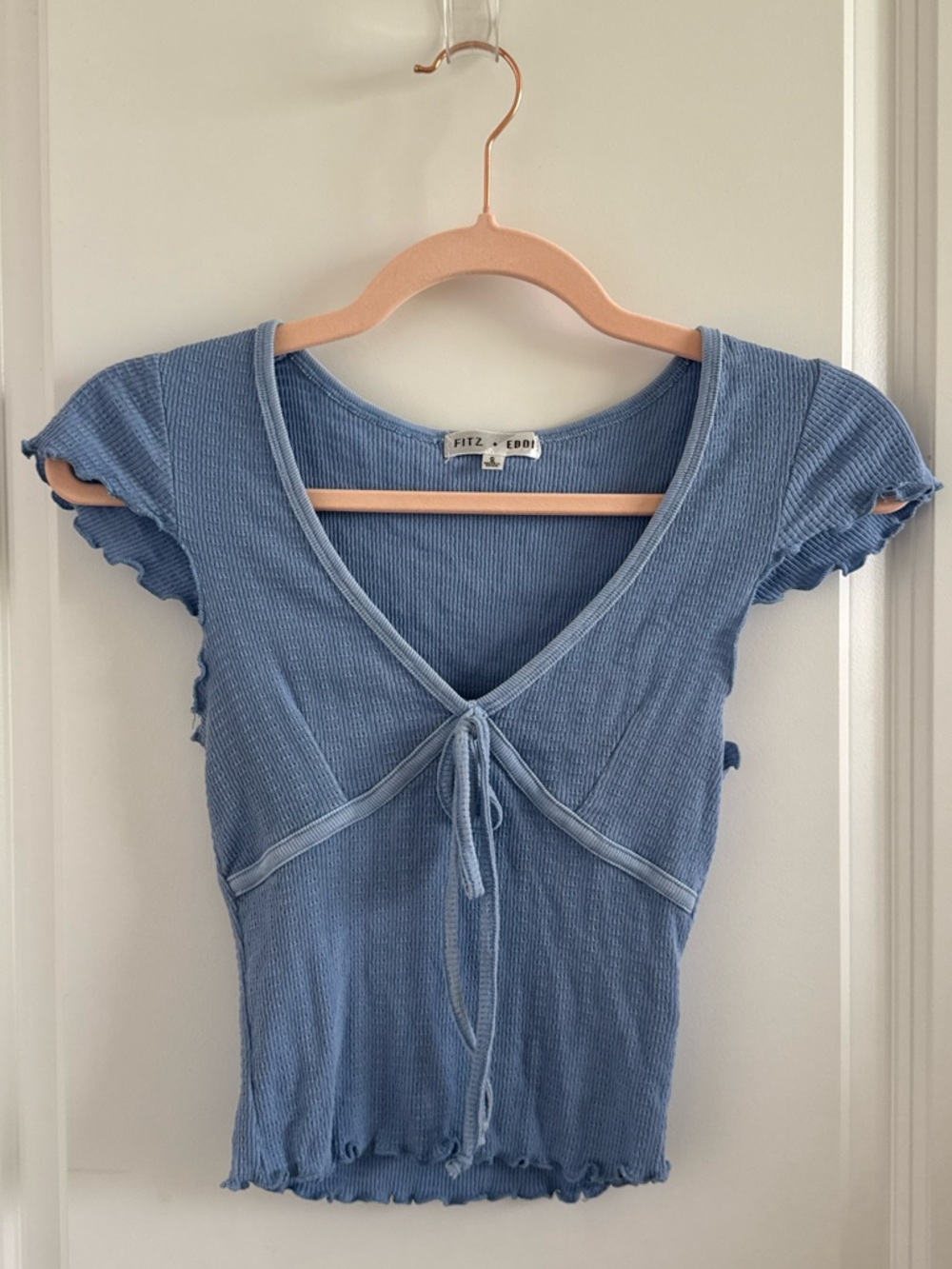 Buckle Dusty Blue Ribbed Tie-Front Crop Top